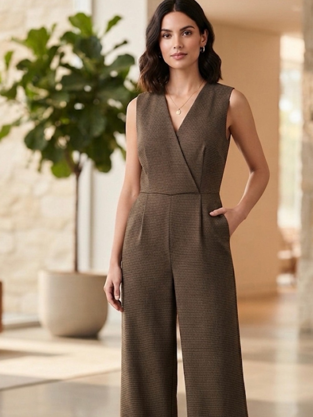 Women's V-Neck Wide-Leg Jumpsuit in Dark Brown